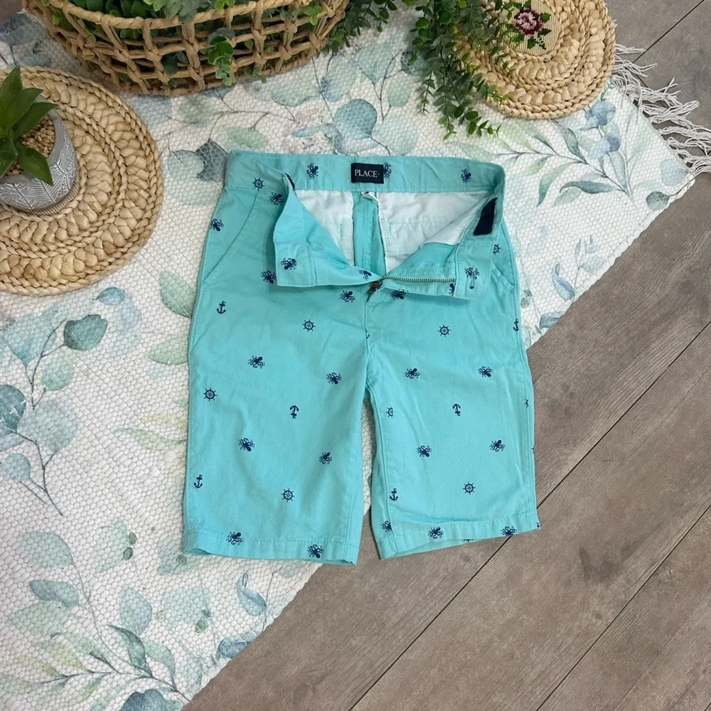 Place Aqua Nautical Print Shorts Anchor Crab Boys Size 10